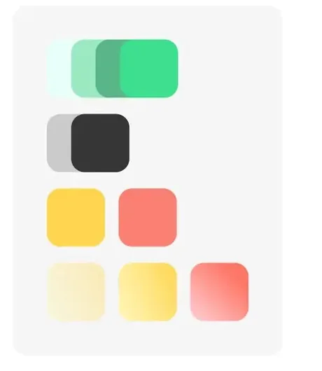 Mina colour system — green, mint, dark grey, yellow and salmon swatches