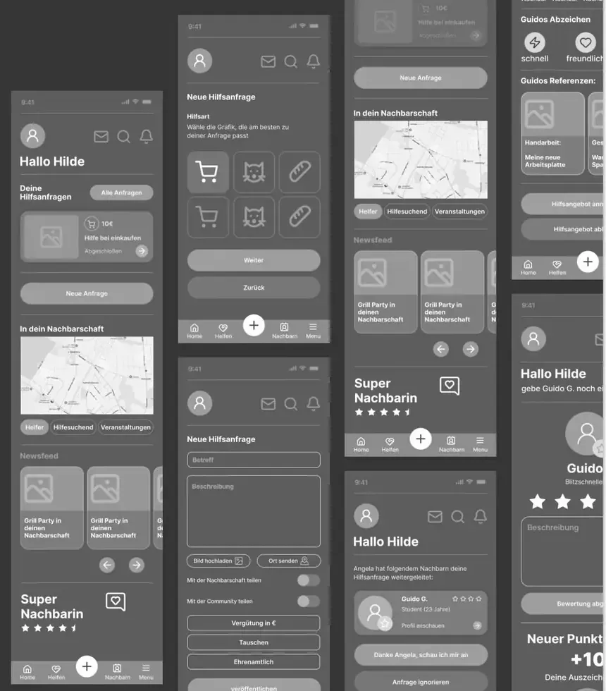 Low-fidelity wireframes of the Mina app — home, help request form and neighbourhood map