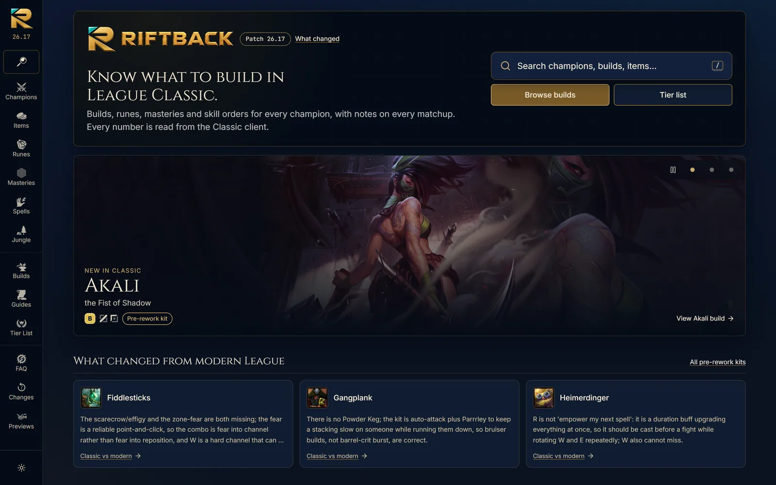 Riftback Startseite mit Akali als Neuzugang in League Classic, Suche und Einstieg in Builds und Tier List